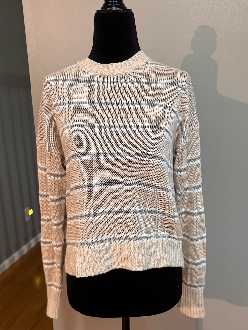 Madewell Cream and White Striped Crewneck Sweater